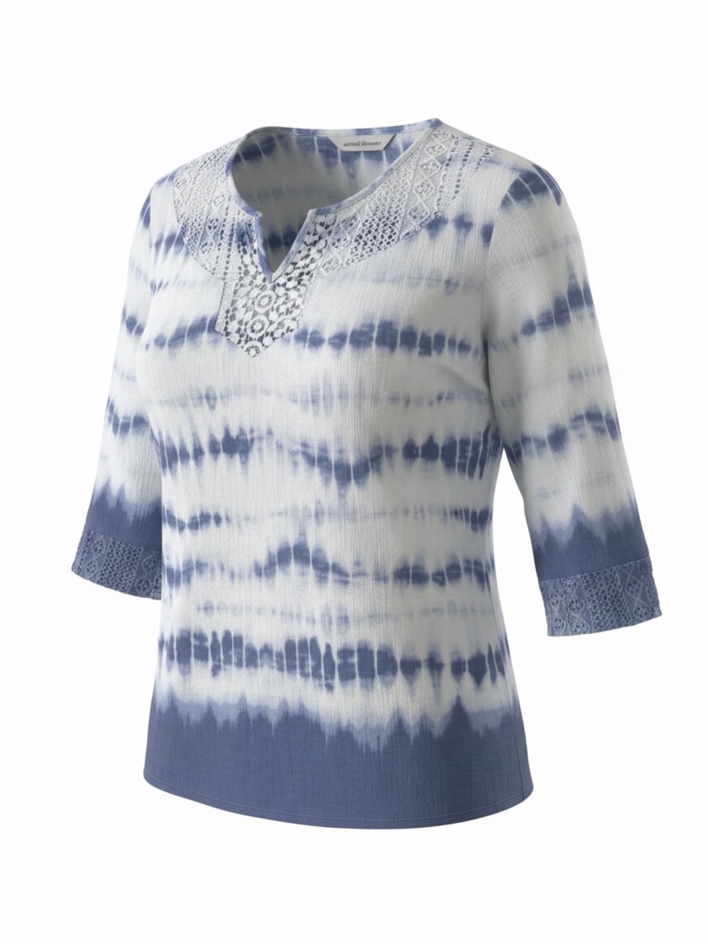 Alfred Dunner Blue and White Tie-Dye Lace-Trim Tunic